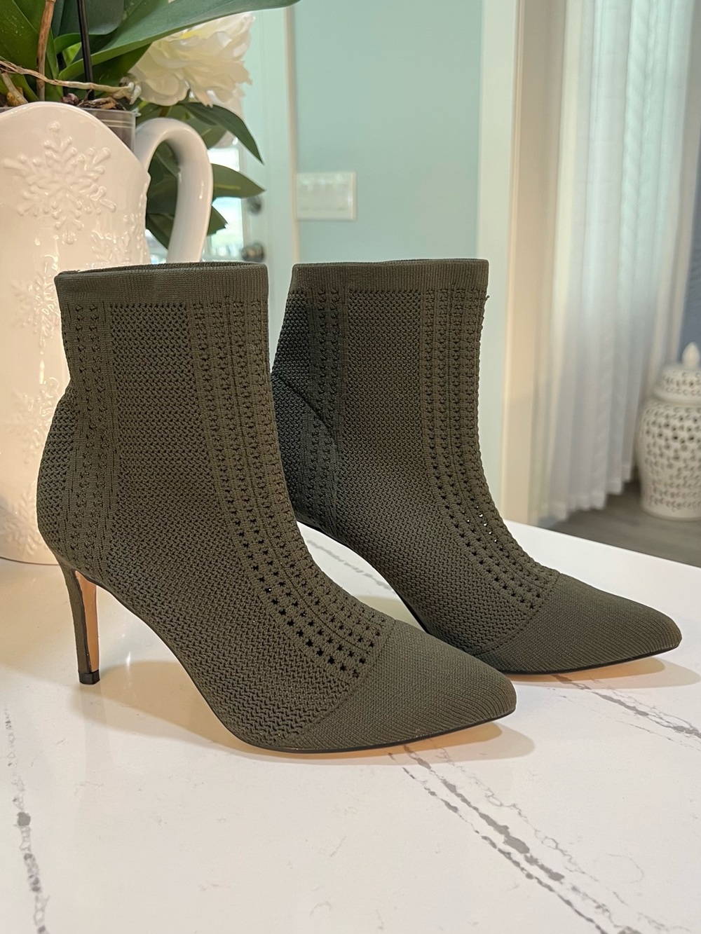 CATHERINE MALANDRINO Olive Green Knit Sock Bootie Pointed Toe Stiletto Heels W7